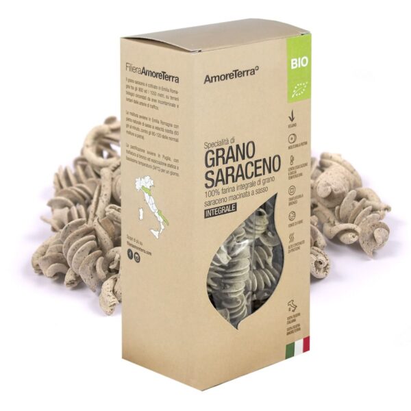 pacco di pasta in cartone con trucioli al grano saraceno da 250 gr di amoreterra